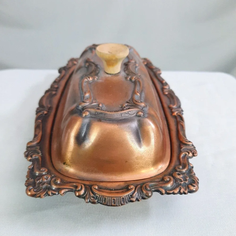 Vintage Copper Covered Butter Dish with Glass Insert Lid Ornate Cottagecore